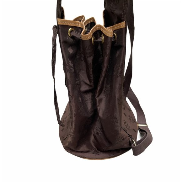 Vintage MCM ~ Brown Logo Nylon Drawstring Sling Backpack Bag ~ Hand Made